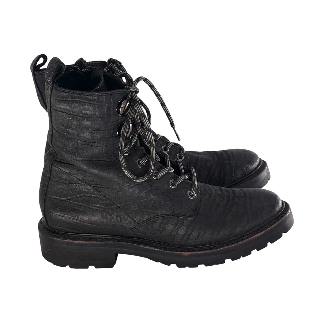 Frye Boots Combat Julie Hook Crocodile Embossed Women 5.5 Black‎ Leather Lace Up